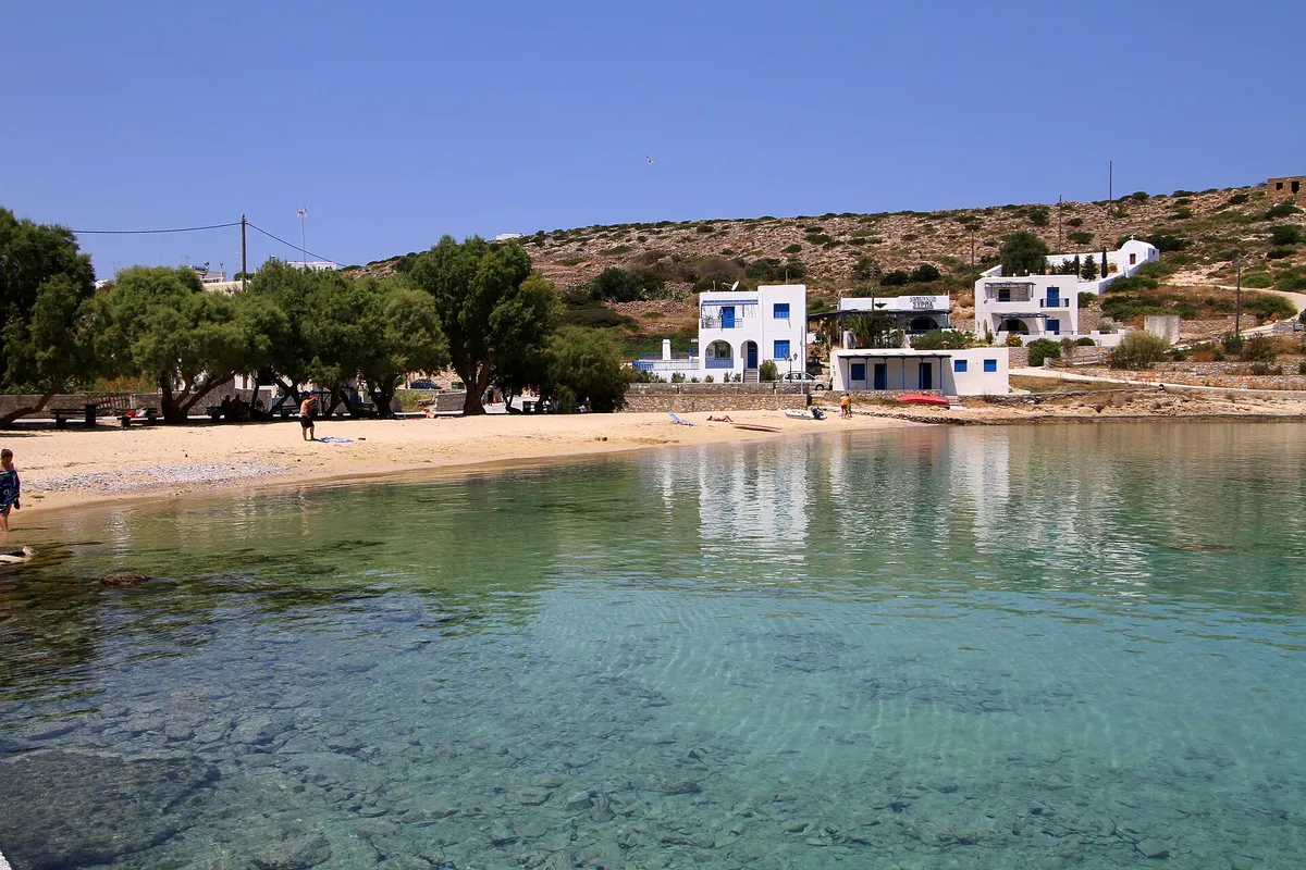 White houses and calm turquoise bay at Agios Georgios, the port village of Iraklia near Naxos, Greece