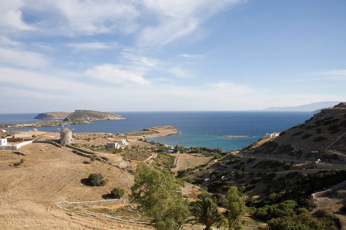 Harbour of Schinoussa island in the Small Cyclades with boats and whitewash houses, Greece